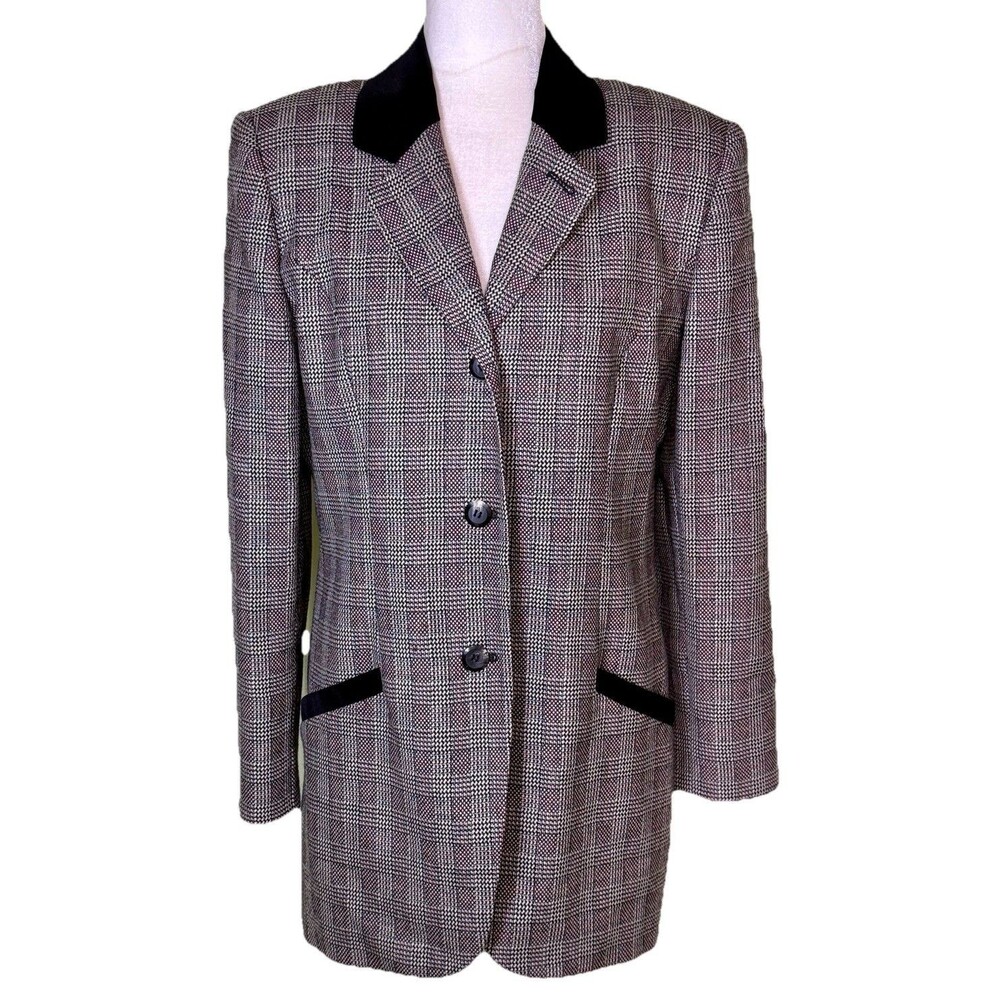 Vintage Women's Plaid Longline Blazer Velvet Collar Old Money Quiet Luxury Sz 12